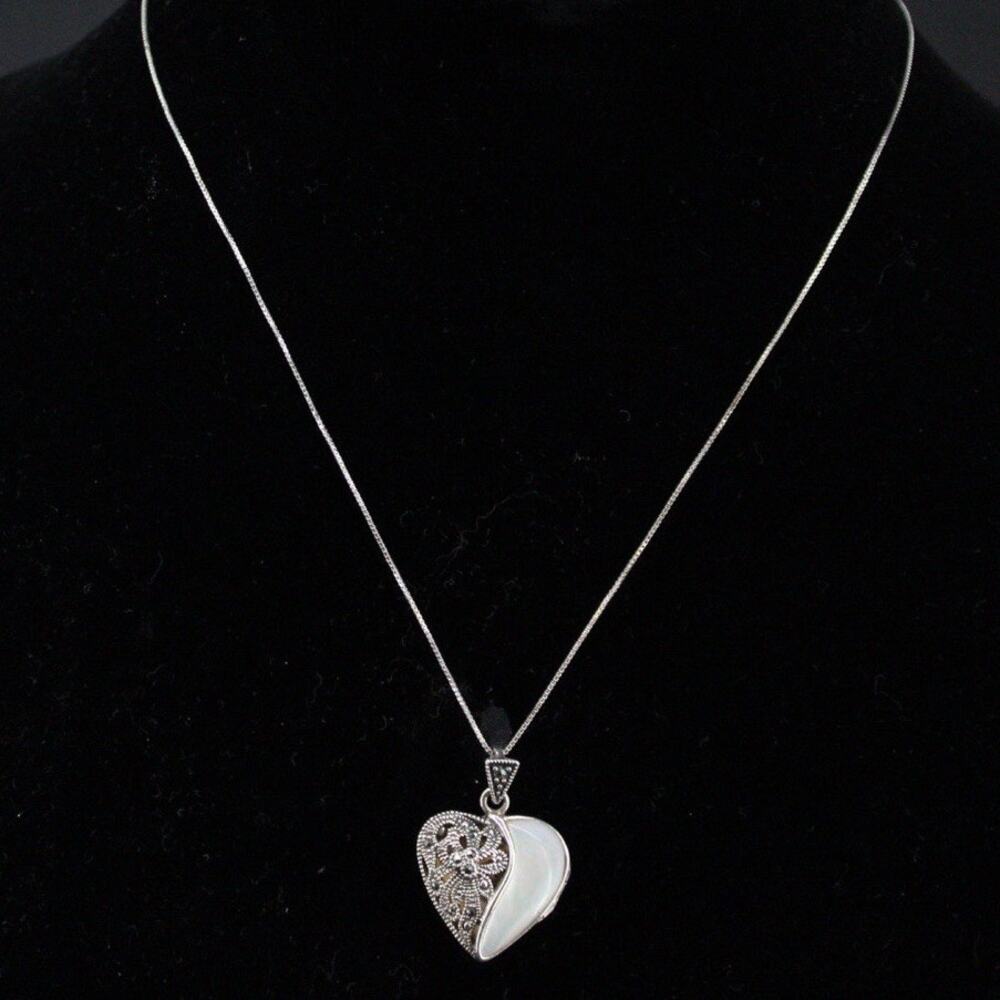 .925 Sterling Silver Heart Locket Mother of Pearl Marcasite Pendant